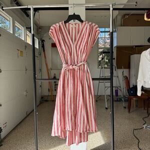 Max Studio Midi Dress Womens XS Red White Striped Linen Blend Cap Sleeve V Neck